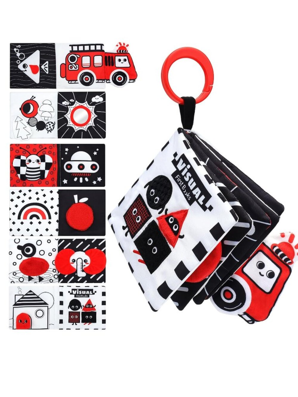 NEW First Shapes Soft Crinkle Cloth 6 Page Stroller Car Seat Clip On Sensory Toy